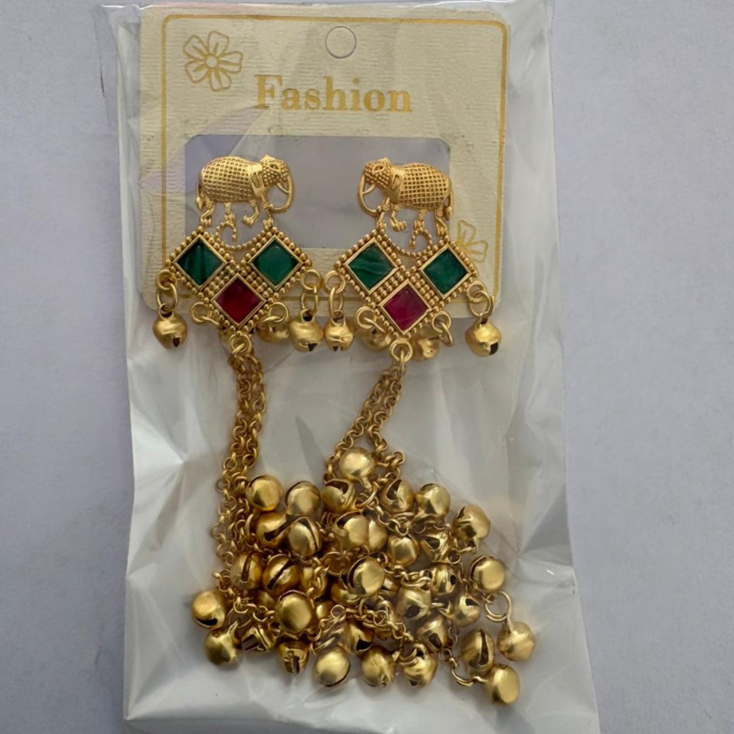Traditional Gold Elephant Drop Kashmiri Earrings with Multicolor Stone Accents