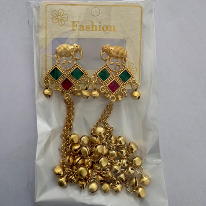 Traditional Gold Elephant Drop Kashmiri Earrings with Multicolor Stone Accents