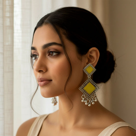 Traditional Indian Oxidised Dangler Earrings with Square Yellow Monalisa Stones