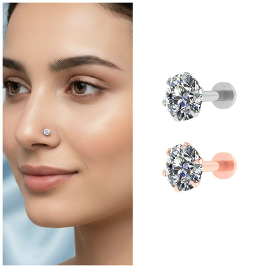 Rose and silver plated Flat Back AD nosepin Stud Labret Piercing Combo Pack of 2