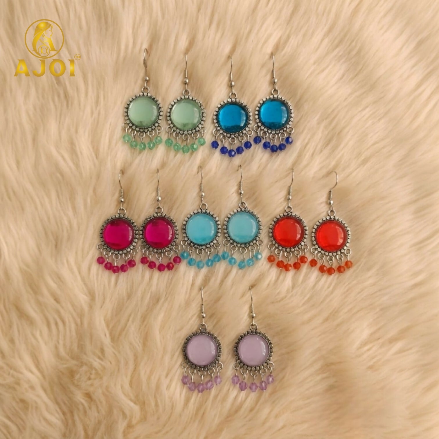 Oxidized Silver Multicolor Stone Drop Earrings with Beaded Fringe
