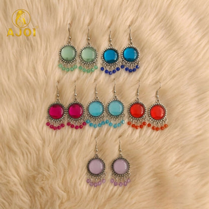 Oxidized Silver Multicolor Stone Drop Earrings with Beaded Fringe