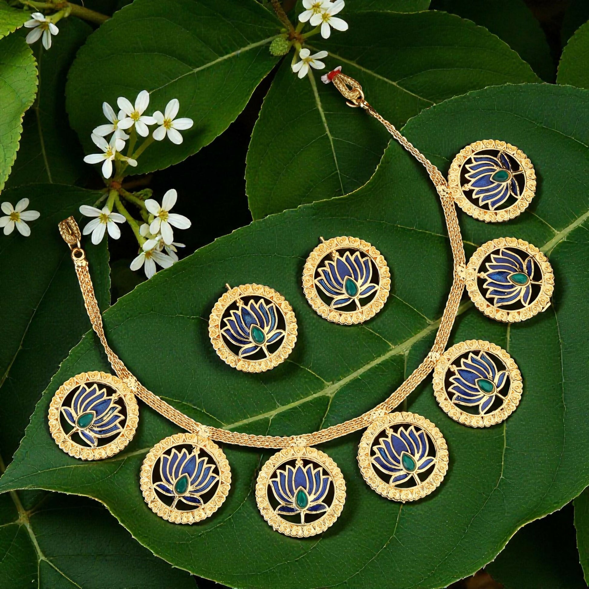 Bold Gold-Tone Blue-Green Mina Work Crystal & Pearl Choker Set