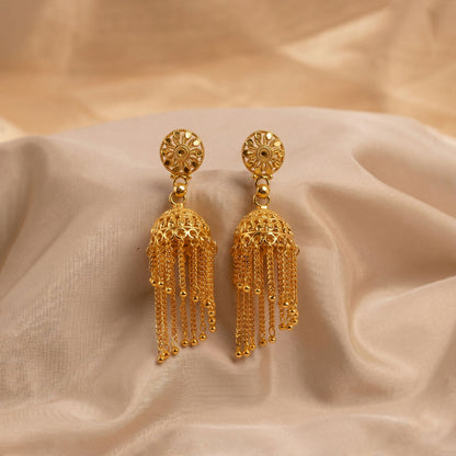 Golden Chain Tassel Jhumka Earrings on white background