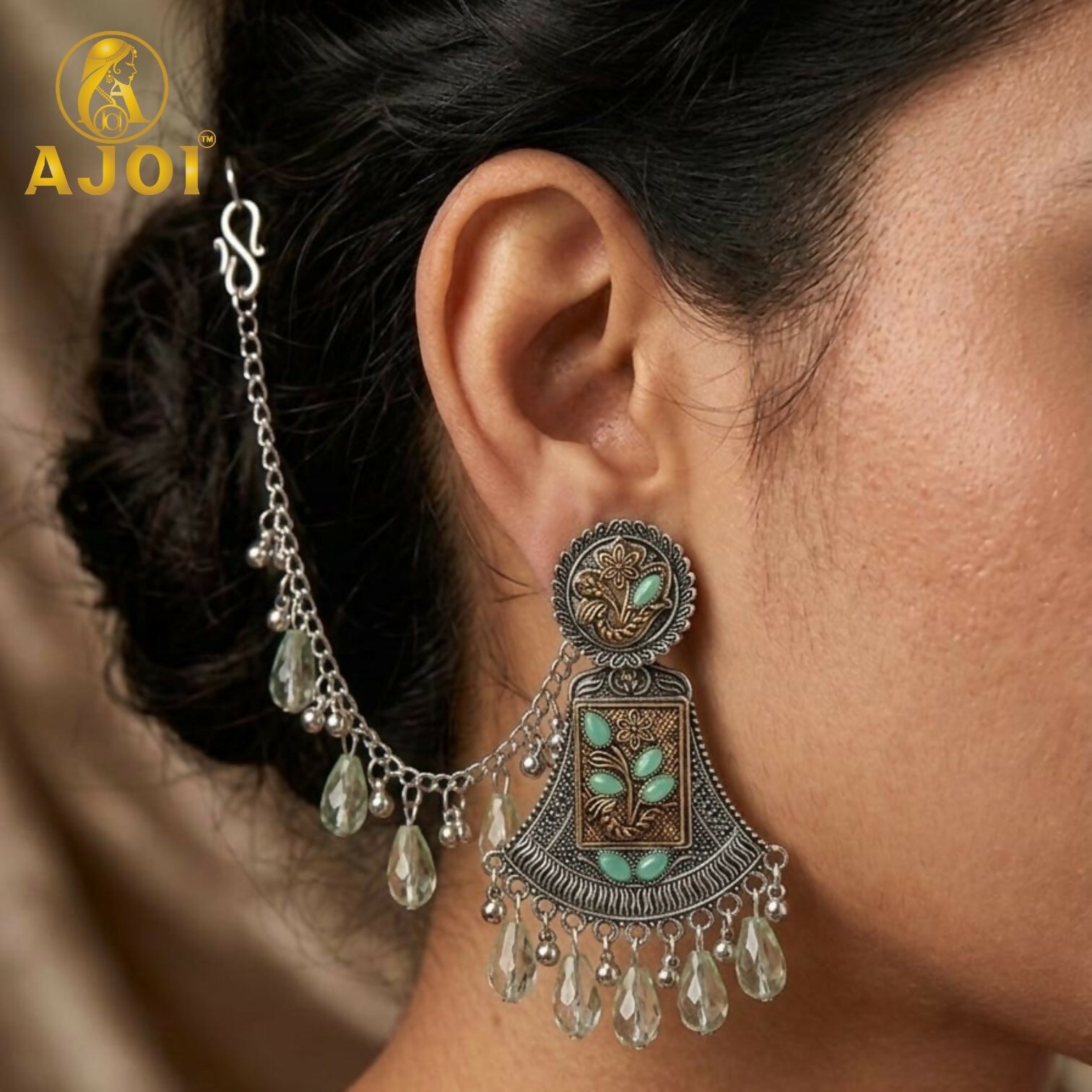Oxidised Floral Chandbali Earrings – Elegant Mint Drops