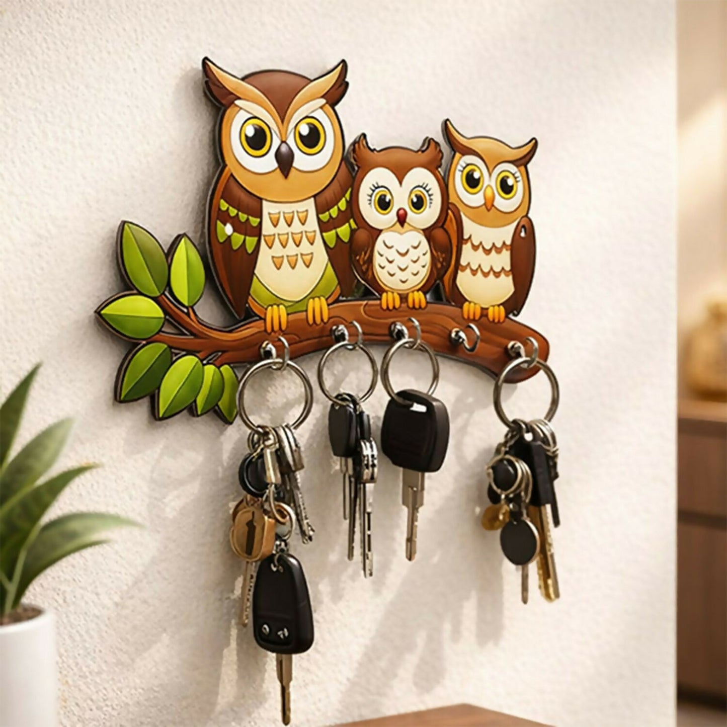 Side view of wooden key holder showing 5 sturdy hooks