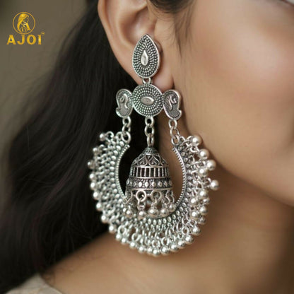 Antique Silver Oxidized Statement Chandbali Jhumka Earrings