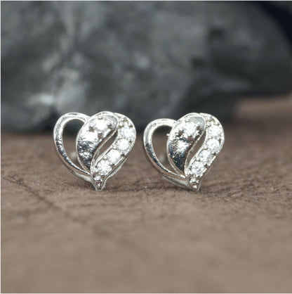 Sterling Silver Heart Stud Earrings with AD for women and girls