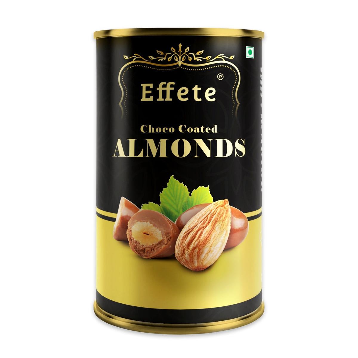 A black and gold Effete Choco Coated Almonds can with a gold lid is centered on a white background.