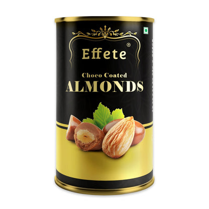 A black and gold Effete Choco Coated Almonds can with a gold lid is centered on a white background.