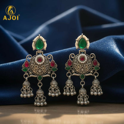 Premium Oxidised Silver Chandbali Jhumka Earrings with Green Stone