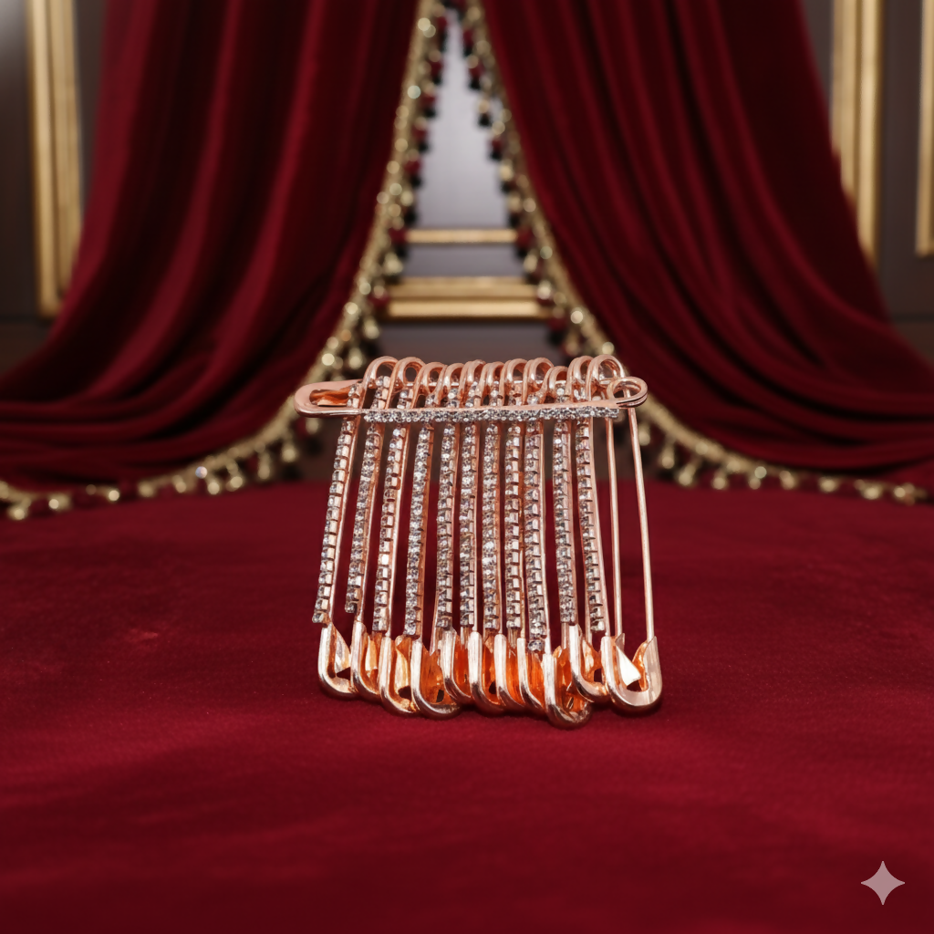 Rose Gold Rhinestone Saree Pin Brooch - Dangle Crystal Shawl Pin