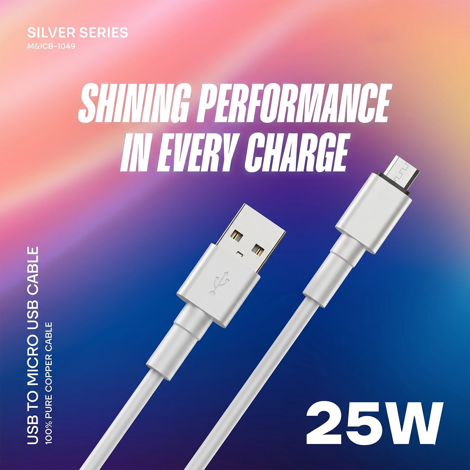 Close-up of USB-A & Micro USB connectors on charging cable