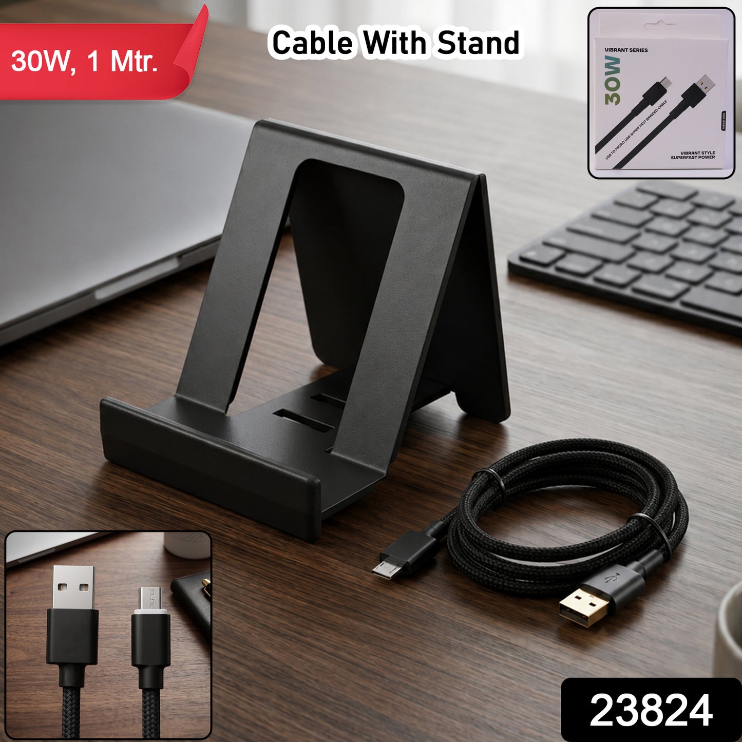 30W USB to Micro USB Braided Charging Cable with Mobile Stand (1 Pc, 1 Mtr)