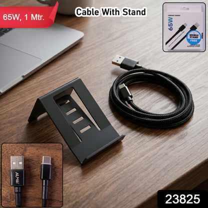 65W USB to Type-C Braided Charging Cable with Mobile Stand (1 Pc, 1 Mtr)