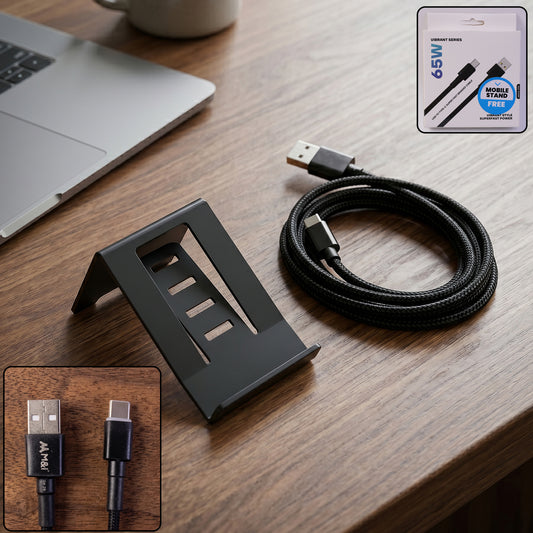 65W USB to Type-C Braided Charging Cable with Mobile Stand (1 Pc, 1 Mtr)