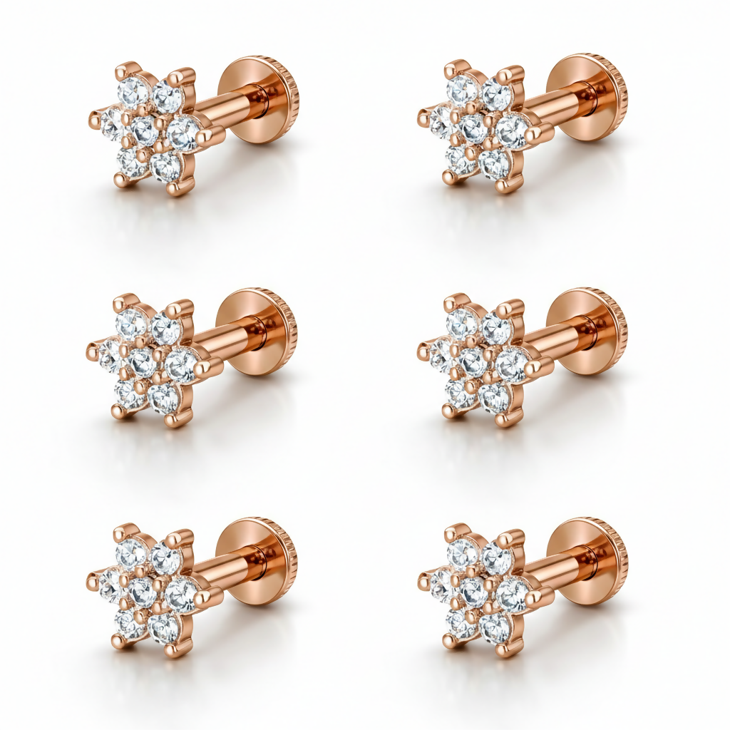 Set of six rose gold flat back nosepin studs with sparkling stones