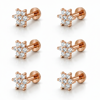 Set of six rose gold flat back nosepin studs with sparkling stones