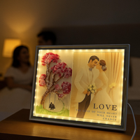 Romantic LED Photo Frame with 3D Tree & Couple Swing Artwork | Warm Light Illuminated Wedding & Anniversary Picture Frame | USB Powered Tabletop Love Lamp for Bedroom, Home Decor & Valentine Gifting