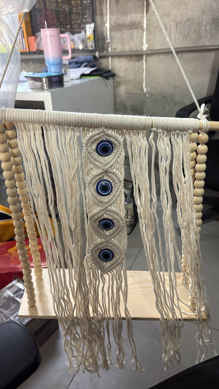 Macrame Wall Hanging Shelf with Evil Eye Decor for Home