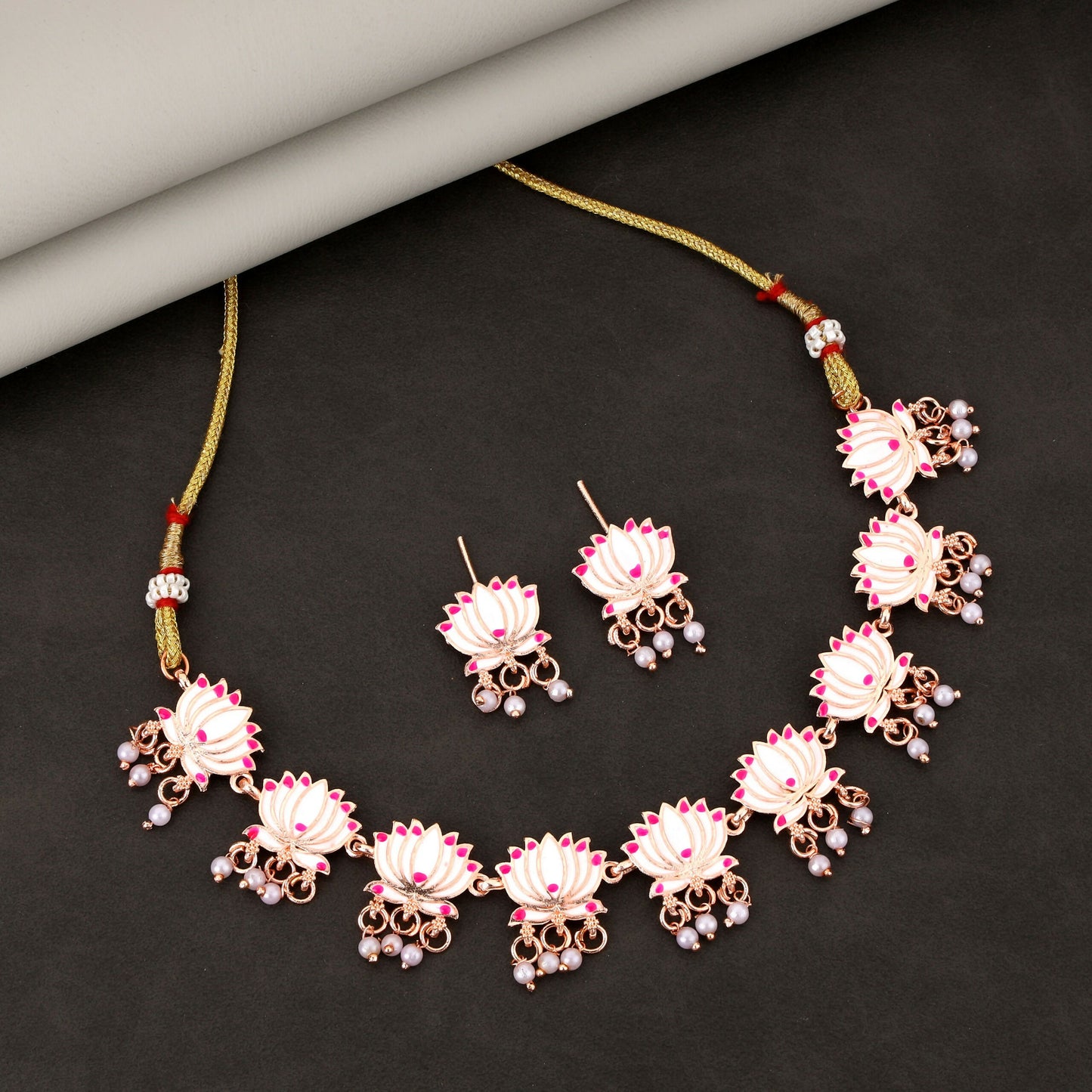 Elegant Gold-Toned Pearl & American Diamond Cluster Choker Set