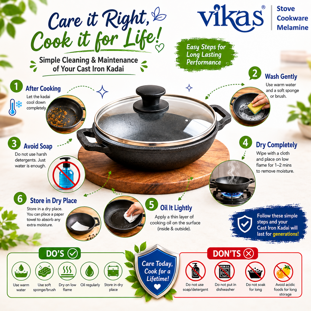 Vikas Cast Iron Kadai with glass lid on stove