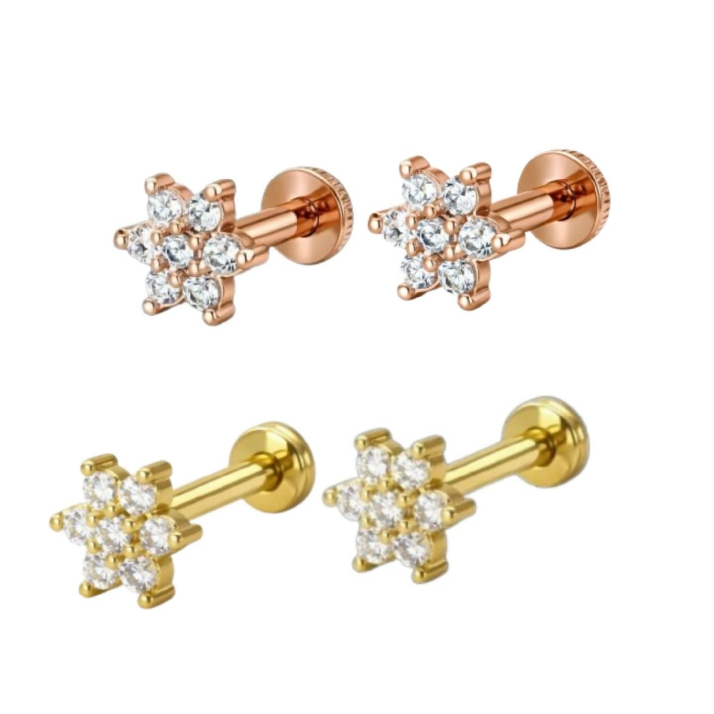 Rose gold plated tiny flower stud earrings with flat-back labret design for comfort