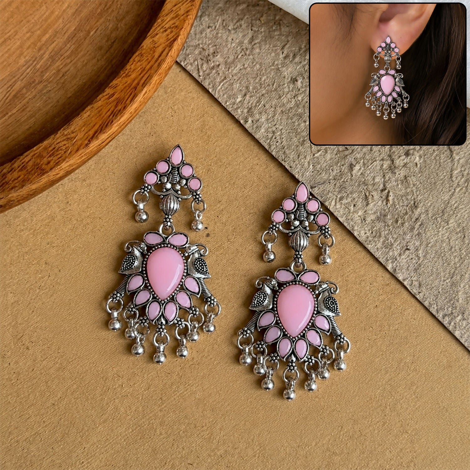 Traditional Oxidised SilverChandbali Drop Earrings for Women (1 Pair) - Green