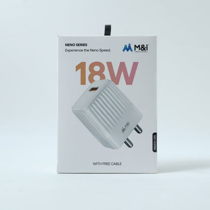 18W USB wall adapter shown in use charging a smartphone via Type C port