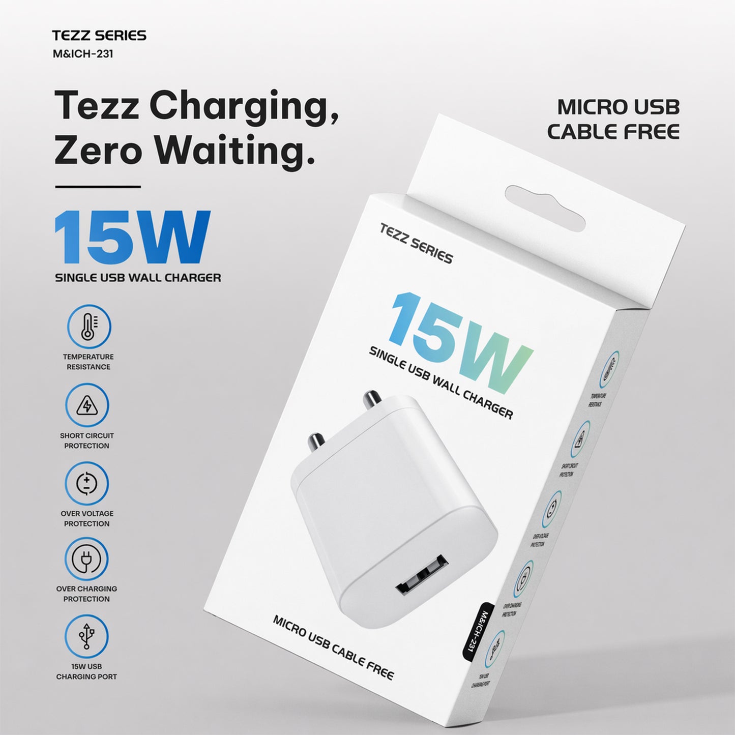 Tezz Series 15W Single USB Wall Charger with Micro USB Cable