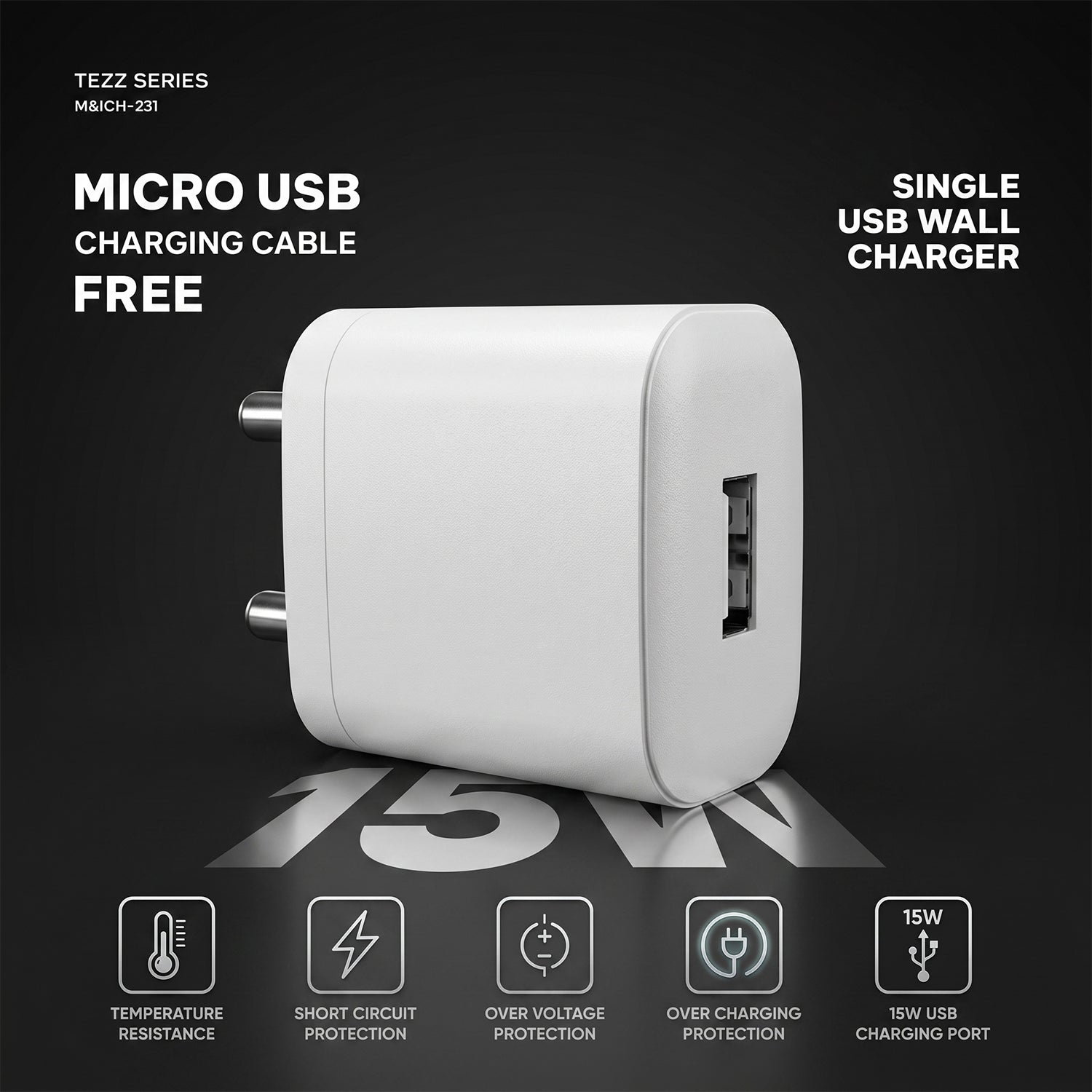 Tezz Series 15W Single USB Wall Charger with Micro USB Cable