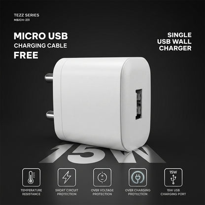 Tezz Series 15W Single USB Wall Charger with Micro USB Cable