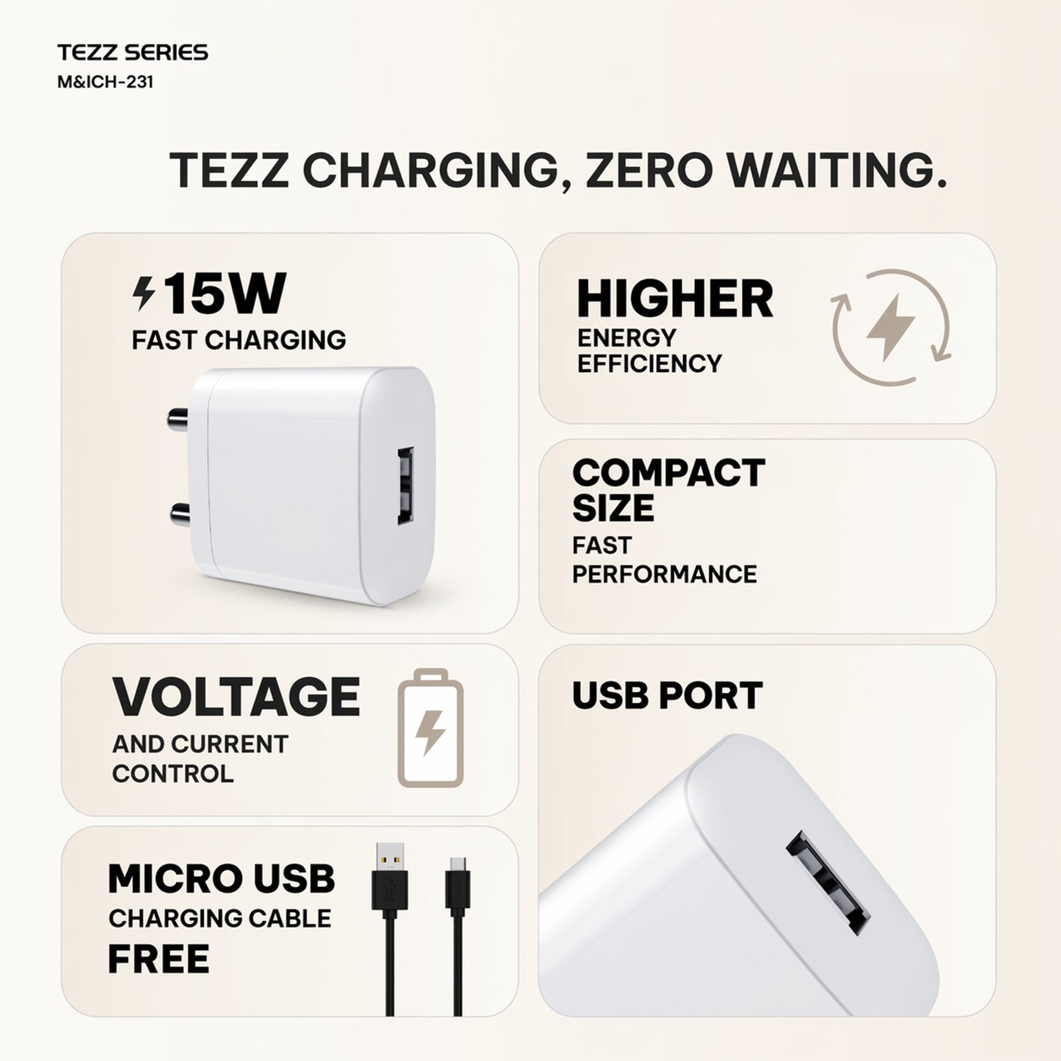 Tezz Series 15W Single USB Wall Charger with Micro USB Cable