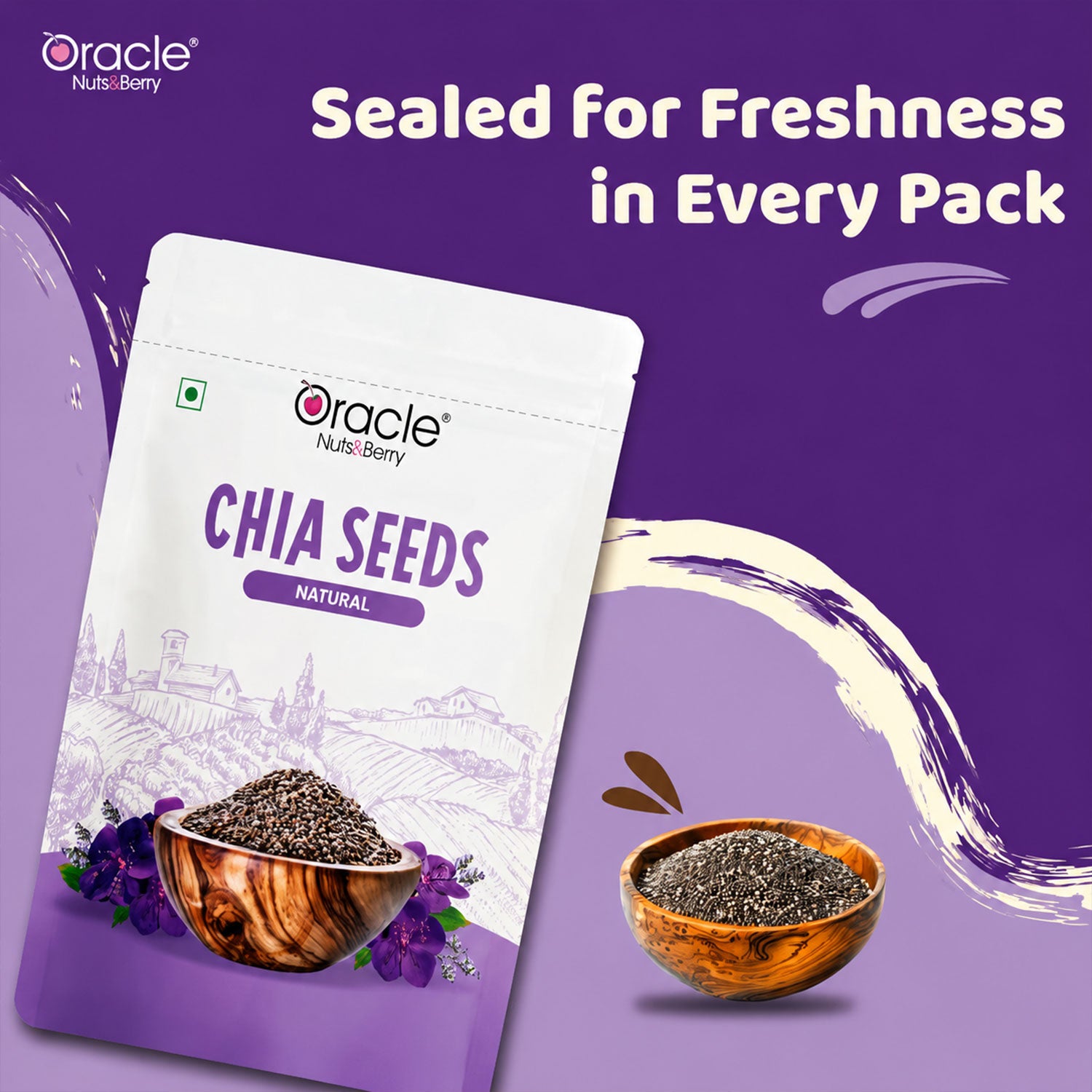Front view of Oracle Chia Seeds 250g package highlighting superfood status.