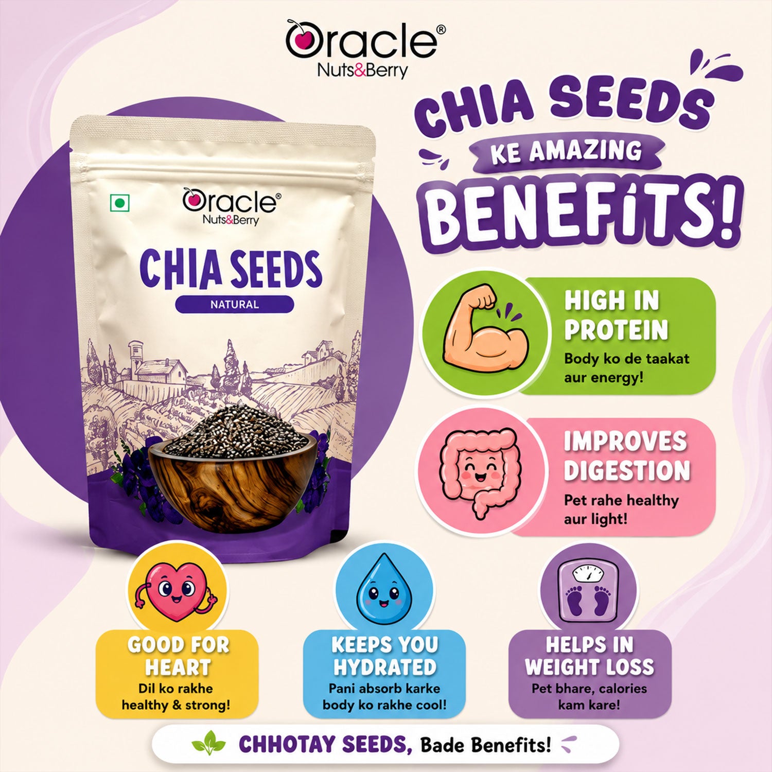Healthy ingredients including Oracle Chia Seeds, fruits, and nuts.