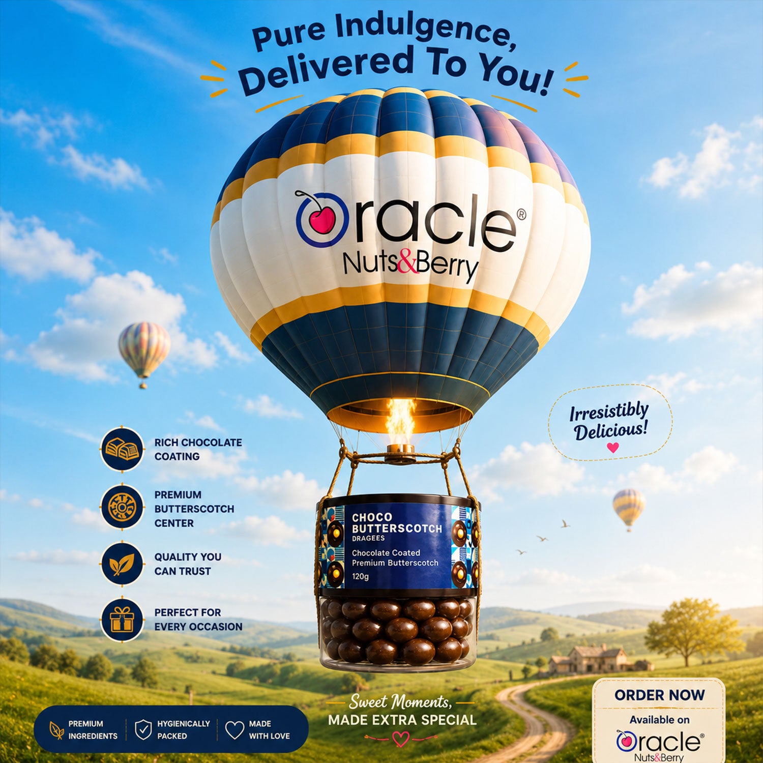 Gourmet chocolate coated candies served in a bowl with Oracle packaging in the background.