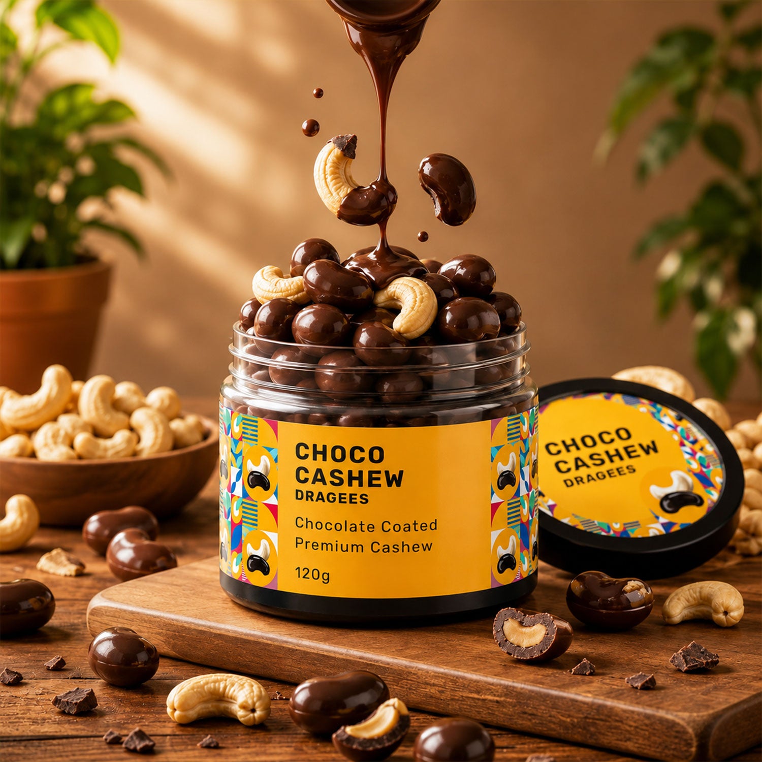 Oracle Chocolate Cashew Dragees in a luxurious gift box, with some spilling out.