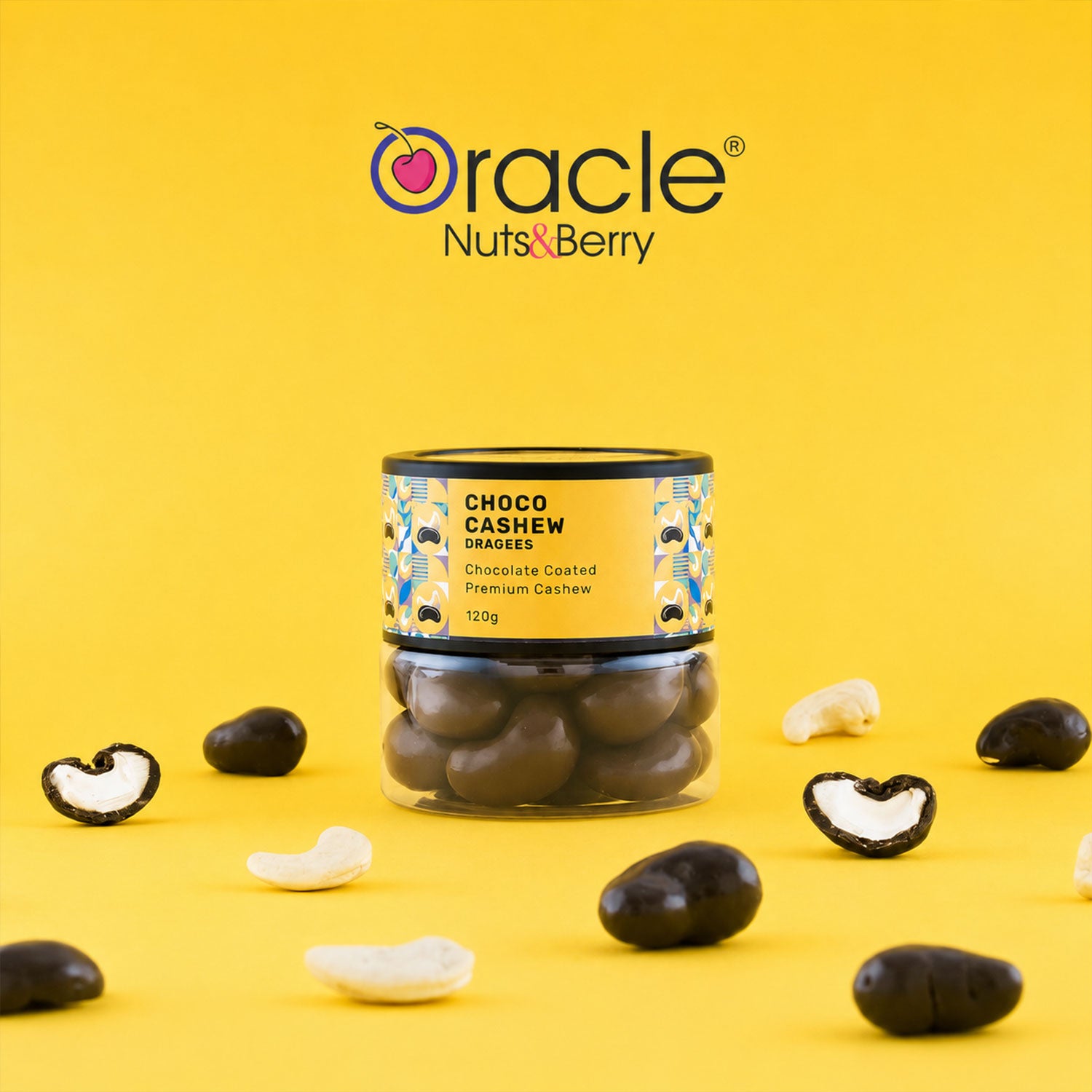 Elegant packaging of Oracle Chocolate Cashew Dragees.