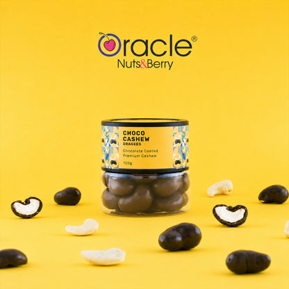 Elegant packaging of Oracle Chocolate Cashew Dragees.