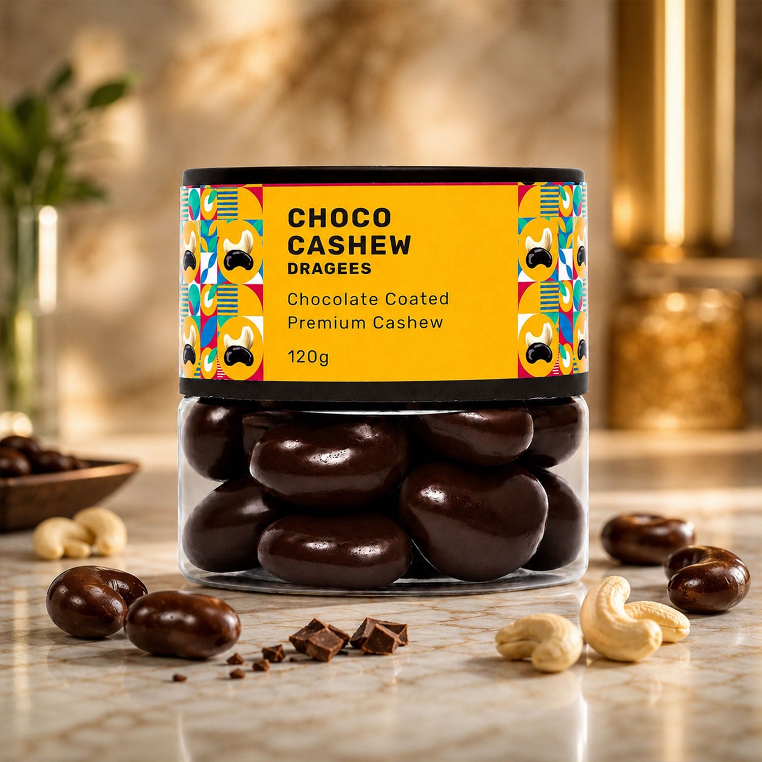 Close-up of rich, smooth Chocolate Cashew Dragees in a bowl, ready to enjoy.