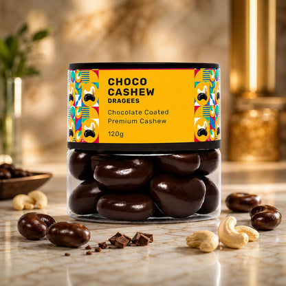 Close-up of rich, smooth Chocolate Cashew Dragees in a bowl, ready to enjoy.
