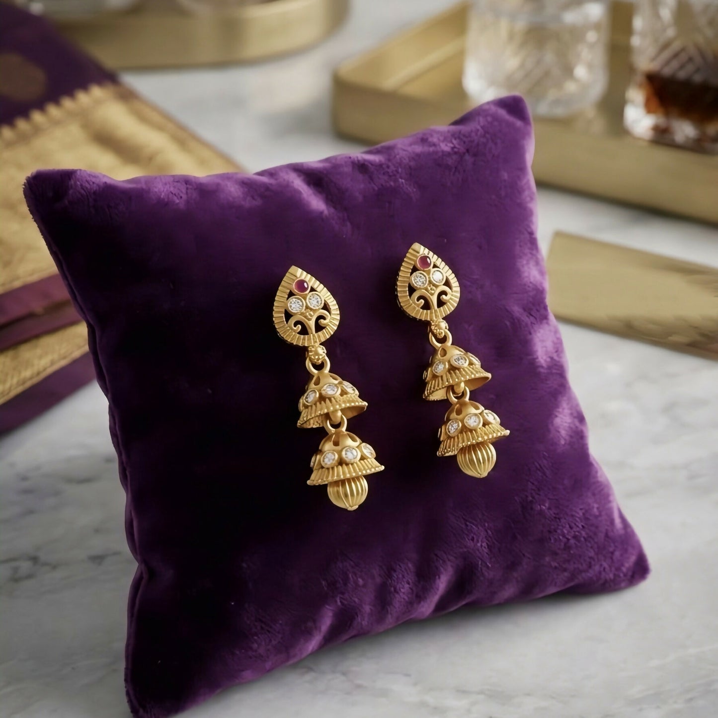 Exquisite Gold-Plated Double Layer Jhumka Earrings with Ruby and Stone Accents