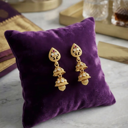 Exquisite Gold-Plated Double Layer Jhumka Earrings with Ruby and Stone Accents