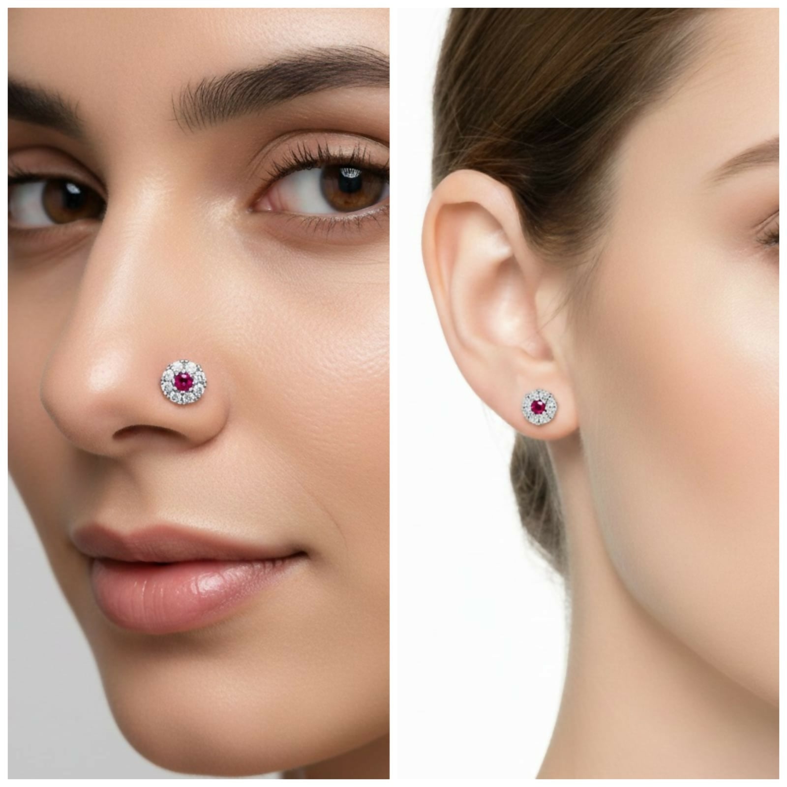 Flat back screw-on post design of silver plated ruby halo earrings for comfortable wear