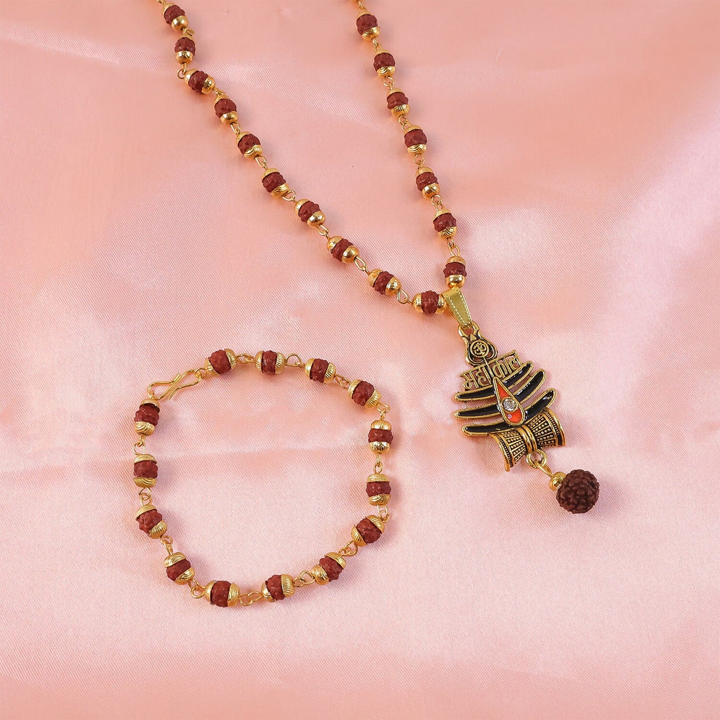 Mahakal Trishul Pendant With Rudraksha Mala & Bracelet Combo