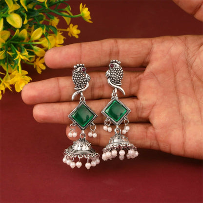 Oxidised Silver Green Stone Parrot Design Jhumka Earrings for Women & Girls