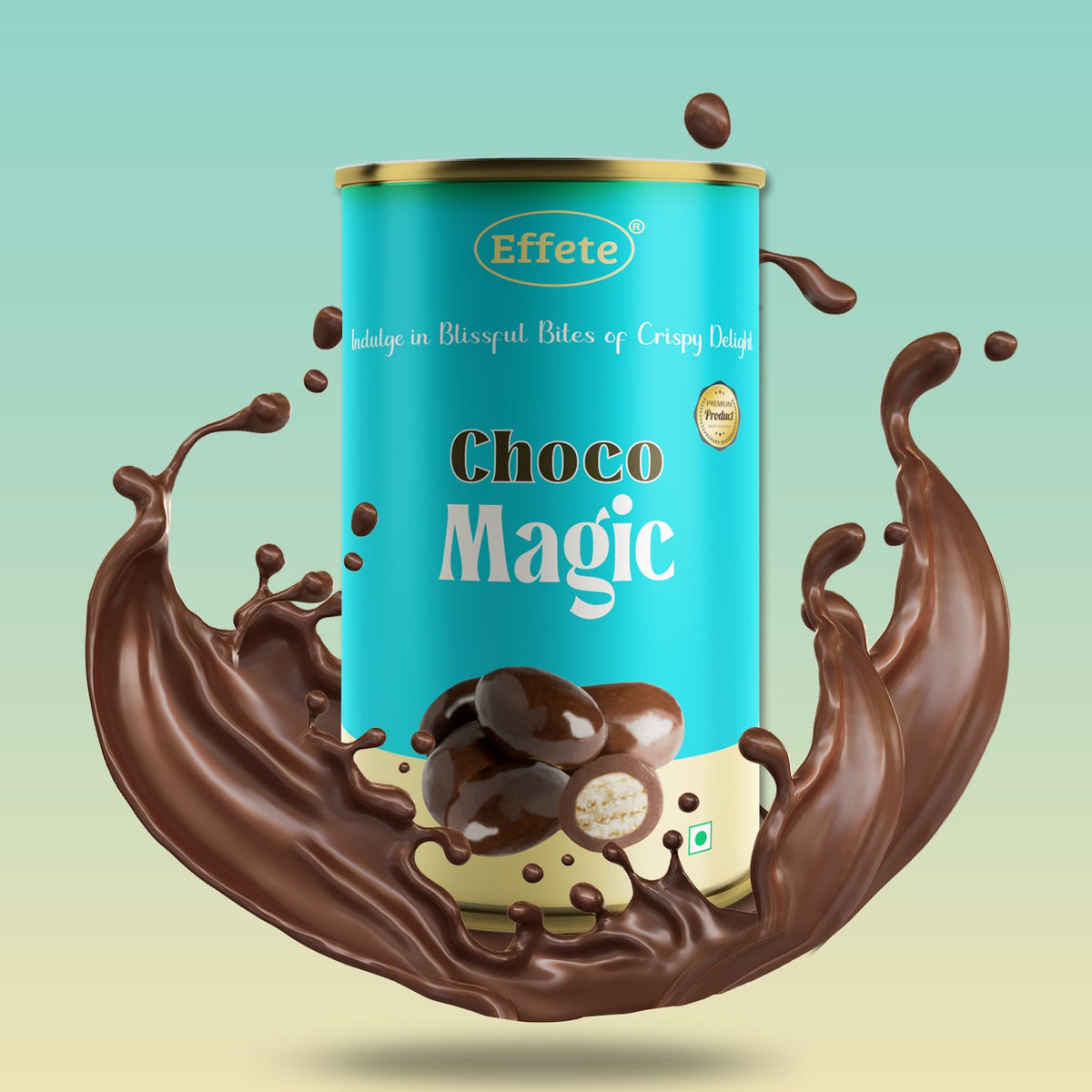 A blue and gold cylindrical container of chocolate balls, with chocolate liquid splashing around its base.