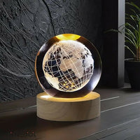 3D Crystal World Map Night Lamp with Wooden Base, USB Powered Decorative Light