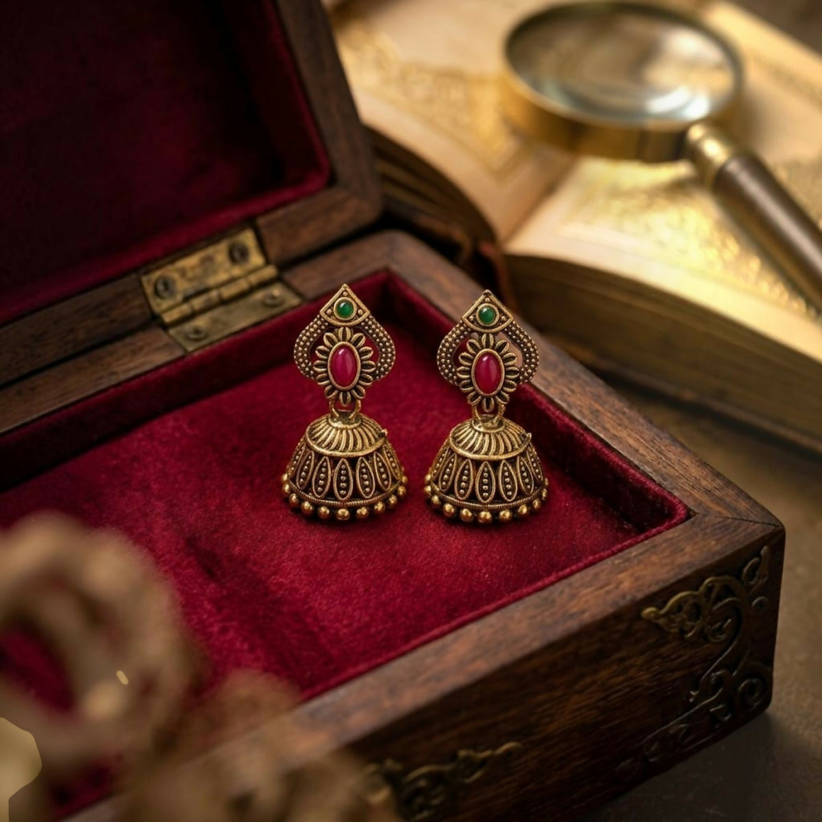 Traditional Floral Jhumka Earrings with Oval Stone Accents, Ornate Bell Drops and Beaded Edges