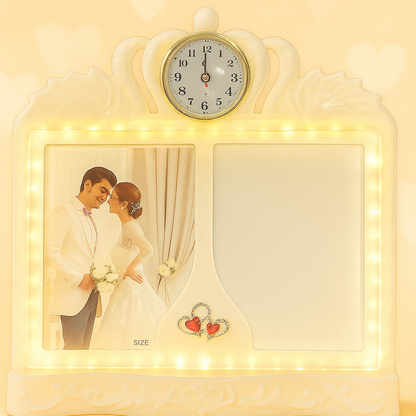 Elegant Dual Photo Frame with Built-in Clock and LED Lights | Wedding Couple Picture Frame with Red Heart Accents | Decorative Romantic Gift for Anniversary, Valentine, or Home Décor Table Display